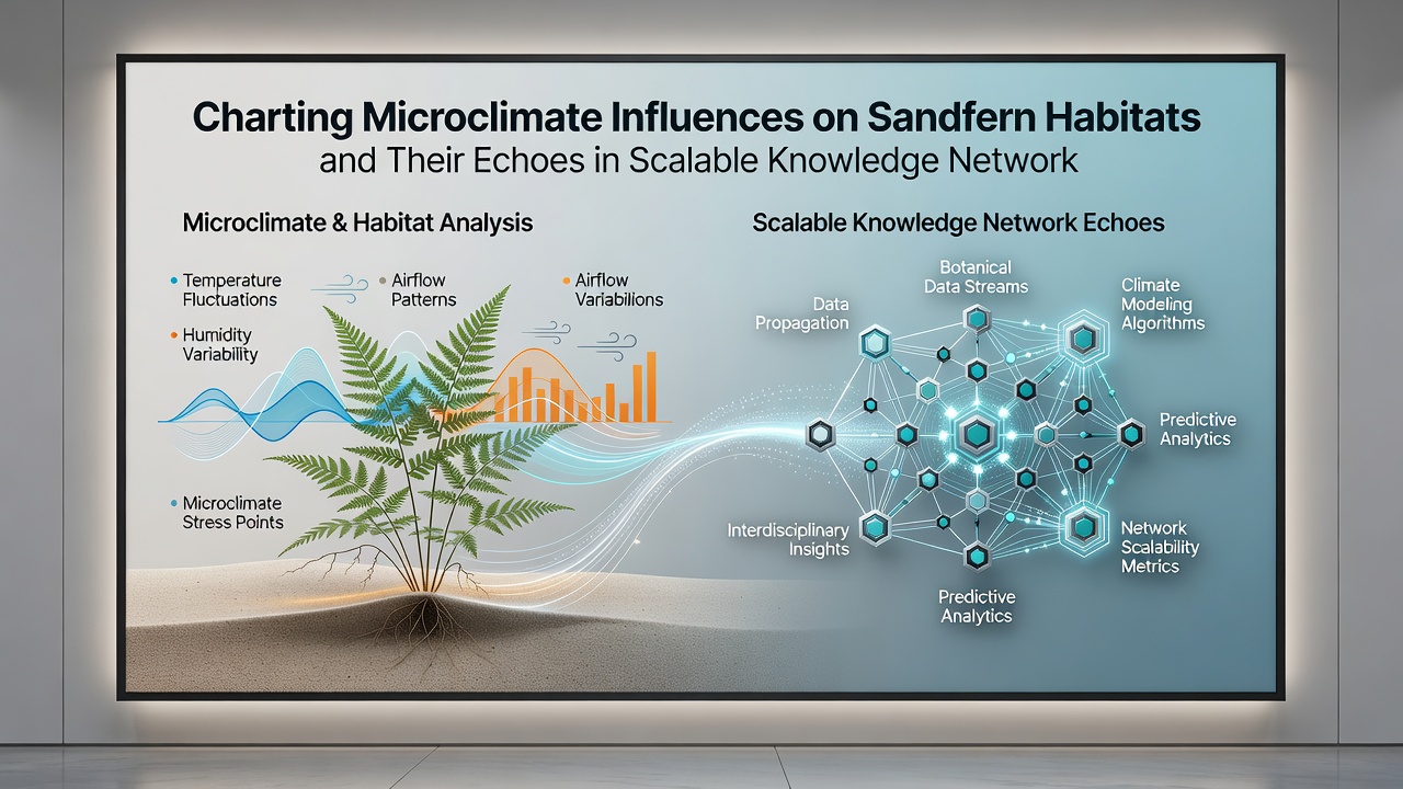 Visualization of knowledge network architecture mirroring ecological microclimate zones with distributed nodes and adaptive pathways