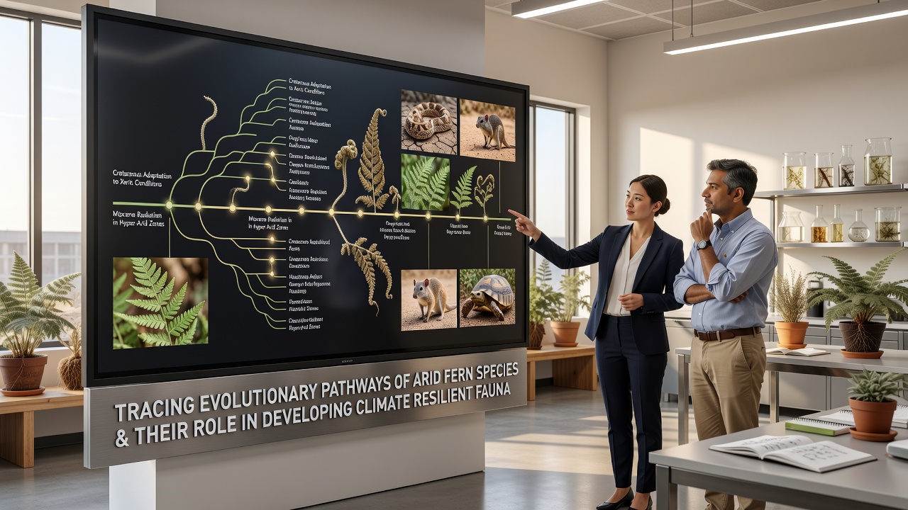 Researchers examining fern specimens in a greenhouse setting for climate adaptation research